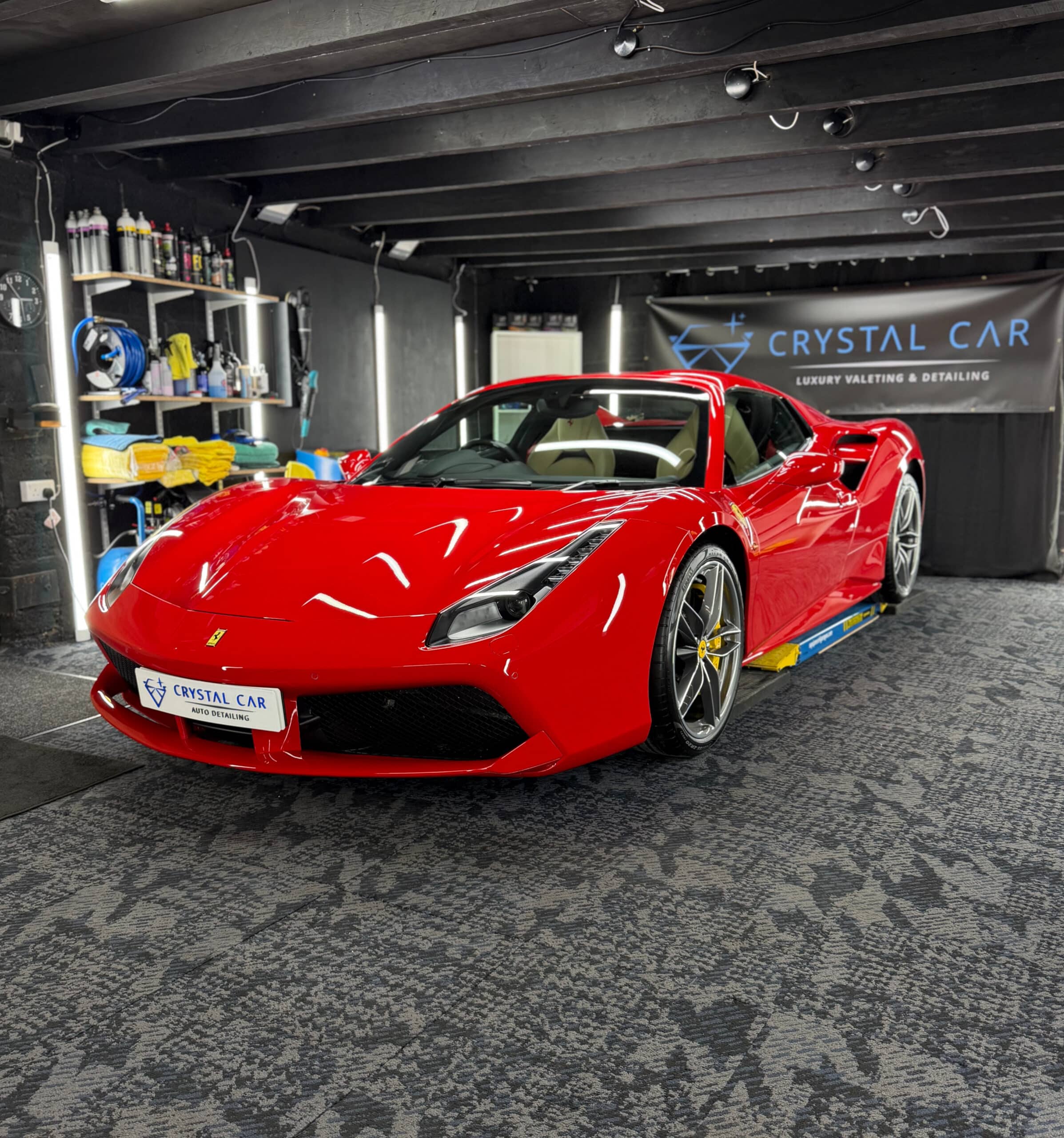 Ferrari 488 Spider received two-stage paint correction and a 2-year ceramic coating and deep clean.